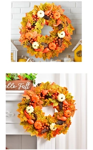 Close-up of autumn wreath with realistic maple leaves, mini pumpkins and pine cones