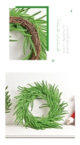 Detail of natural brown rattan base and realistic green Norfolk pine needles on a wreath