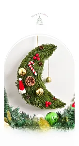 Moon-shaped Christmas wreath with pine needles, berries, pinecones and candy canes