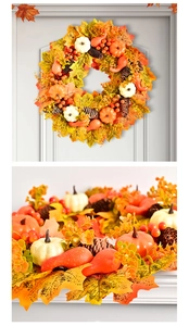 Detail of autumn wreath with maple leaves, pumpkins, and berries on a white wooden door