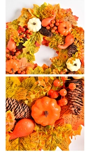 Macro detail of autumn wreath featuring maple leaves, mini pumpkins, and pine cones