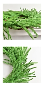 Close-up of Norfolk pine wreath with green needles and natural brown rattan base