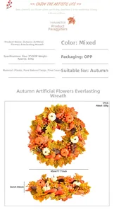 Detailed size chart showing 45cm autumn wreath with maple leaves and pumpkins