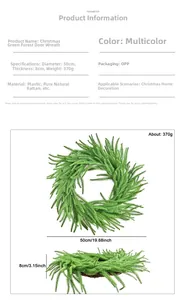 Detail view of 50cm Norfolk pine Christmas wreath with natural rattan base and dimensions