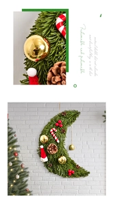 Macro detail of crescent moon Christmas wreath with pine needles and festive ornaments