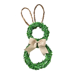 Easter bunny wreath with green leaves, dry branch ears and a rustic burlap bow decor