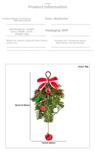 Detail of Christmas bell ornament with red bow pinecones and green leaves 32x15cm