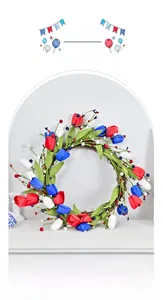 Close-up of patriotic tulip wreath with red white and blue berries on a vine base
