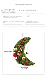 Detailed view of moon-shaped Christmas wreath with pine cones and candy canes