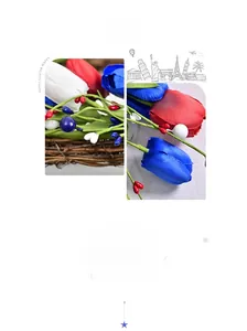 Close-up of red, white, and blue tulips with mixed berries for Independence Day wreath
