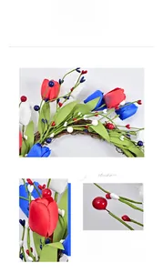 Detail of Fourth of July tulip wreath with red white and blue berries on grapevine base