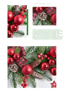 Detail of Christmas wreath with red berries, pine cones, and red black plaid ribbon