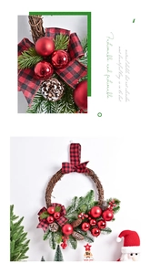 Detailed view of Christmas wreath with pine cones, red baubles and buffalo plaid bow