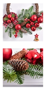 Detail of Christmas wreath with pine cones, red berries, and checkered bow decoration