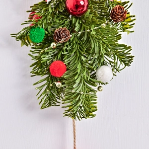Nordic Christmas pine cone ornament with red berries, gold beads and plush ball details