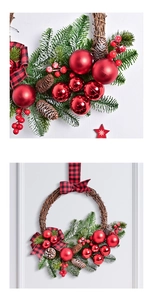 Close-up of pine cones and red ornaments on a Christmas wreath with a buffalo plaid bow