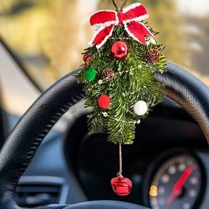 Nordic Christmas car ornament with pine needles, red bow, pine cones and a red bell