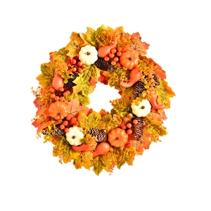 Autumn wreath with pumpkins, maple leaves, and berries for Thanksgiving door decoration