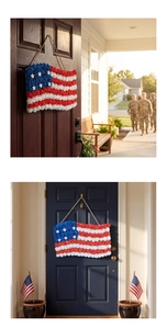 Détail d'une couronne de fleurs drapeau USA avec roses artificielles rouges blanches bleues
