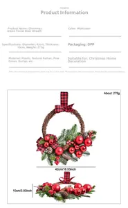 Close-up of Christmas wreath showing 42cm diameter size and detailed pinecone accents