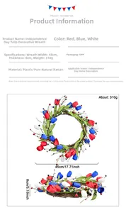 Detail of red white and blue tulip wreath showing 45cm diameter and rattan base