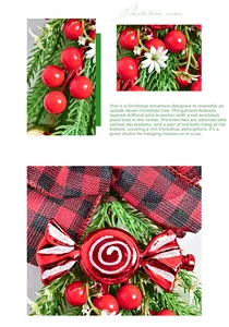 Détail de la suspension de Noël avec aiguilles de pin, baies rouges et nœud écossais