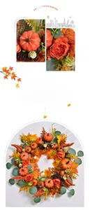 Detail of autumn wreath showing realistic pumpkins, pine cones, and maple leaves