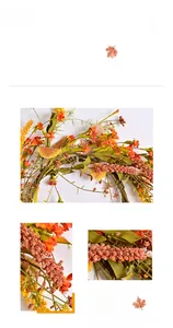 Detailed view of hand-woven fall wreath with orange flowers, berries and greenery