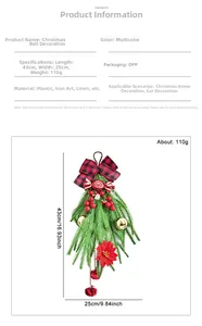 Vue détaillée de la cloche de Noël avec aiguilles de pin et dimensions 43x25 cm