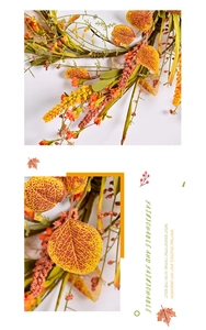 Macro detail of autumn wreath featuring yellow eucalyptus leaves and orange berry clusters