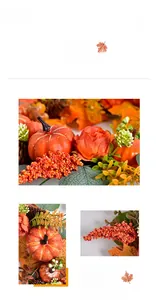 Close-up of artificial pumpkin, maple leaves, and berries on an autumn wreath