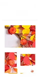 Detail of harvest pumpkin wreath featuring realistic autumn leaves and handmade textures