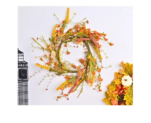 Close-up of autumn wreath with orange lavender and eucalyptus leaves for harvest decor