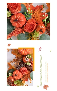 Detail of autumn wreath with orange pumpkins, pine cones, maple leaves and roses