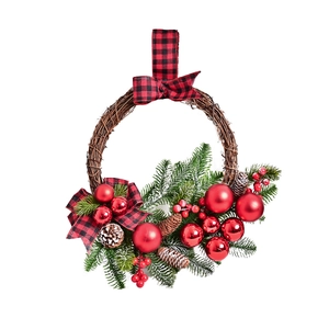 Christmas wreath with pine cones, red berries and buffalo plaid bows on white background
