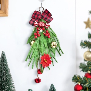 Décoration Suspendue De Noël Avec Nœud À Carreaux Poinsettia Rouge Sucre D'Orge Et Cloche Pour Porte D'Entrée Mur Porche