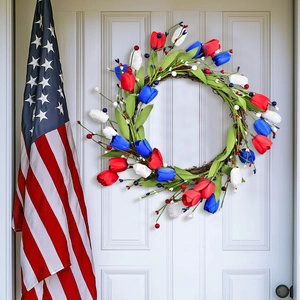Patriotic red white and blue tulip wreath on grapevine base for front door decoration