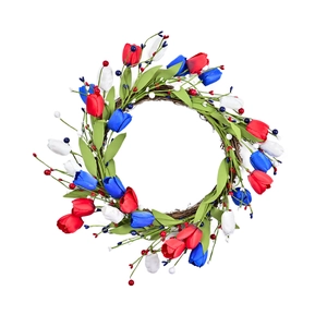 Patriotic wreath with red white and blue tulips on a natural rattan grapevine base