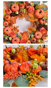 Close-up of autumn wreath featuring pumpkins, pinecones, and orange roses