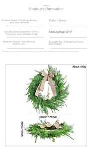 Detailmaße für 45cm Weihnachts-Kranz mit Sackleinen-Schleife und natürlicher Weinrebe