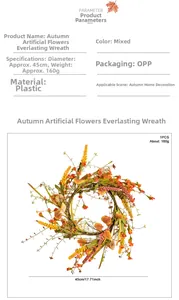 Detail showing autumn wreath dimensions of 45cm diameter and 160g weight specifications