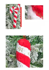 Detail of red and white plush candy cane ornament with gold snowflake embroidery