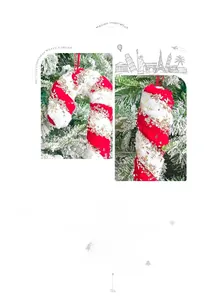 Detail of plush Christmas candy cane ornament with red-white stripes and gold snowflake patterns