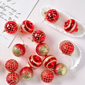 Red and champagne gold Christmas ornaments set with varied patterns and glitter textures