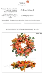 Detailed dimension view of 45cm autumn wreath with pumpkins, pine cones and maple leaves