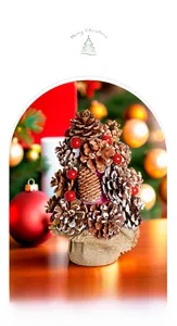 Close-up of a tabletop Christmas tree made of pine cones with red berries and burlap base