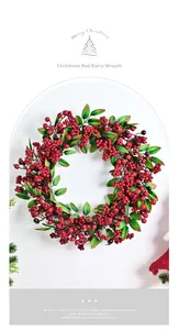Close-up of a Christmas wreath with red berries, green leaves and natural rattan stems