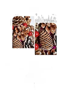 Detail of mini Christmas tree featuring natural pine cones and red berries in a linen base