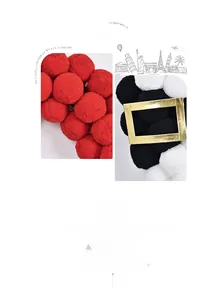 Detail of plush red and black Christmas pom-poms with decorative golden metallic buckles