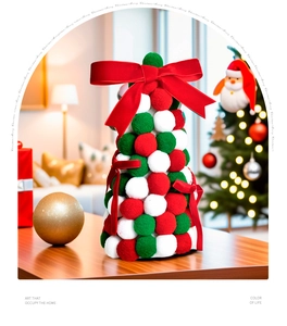 Detailed view of creative pom-pom Christmas tree with a red bow and festive ornaments